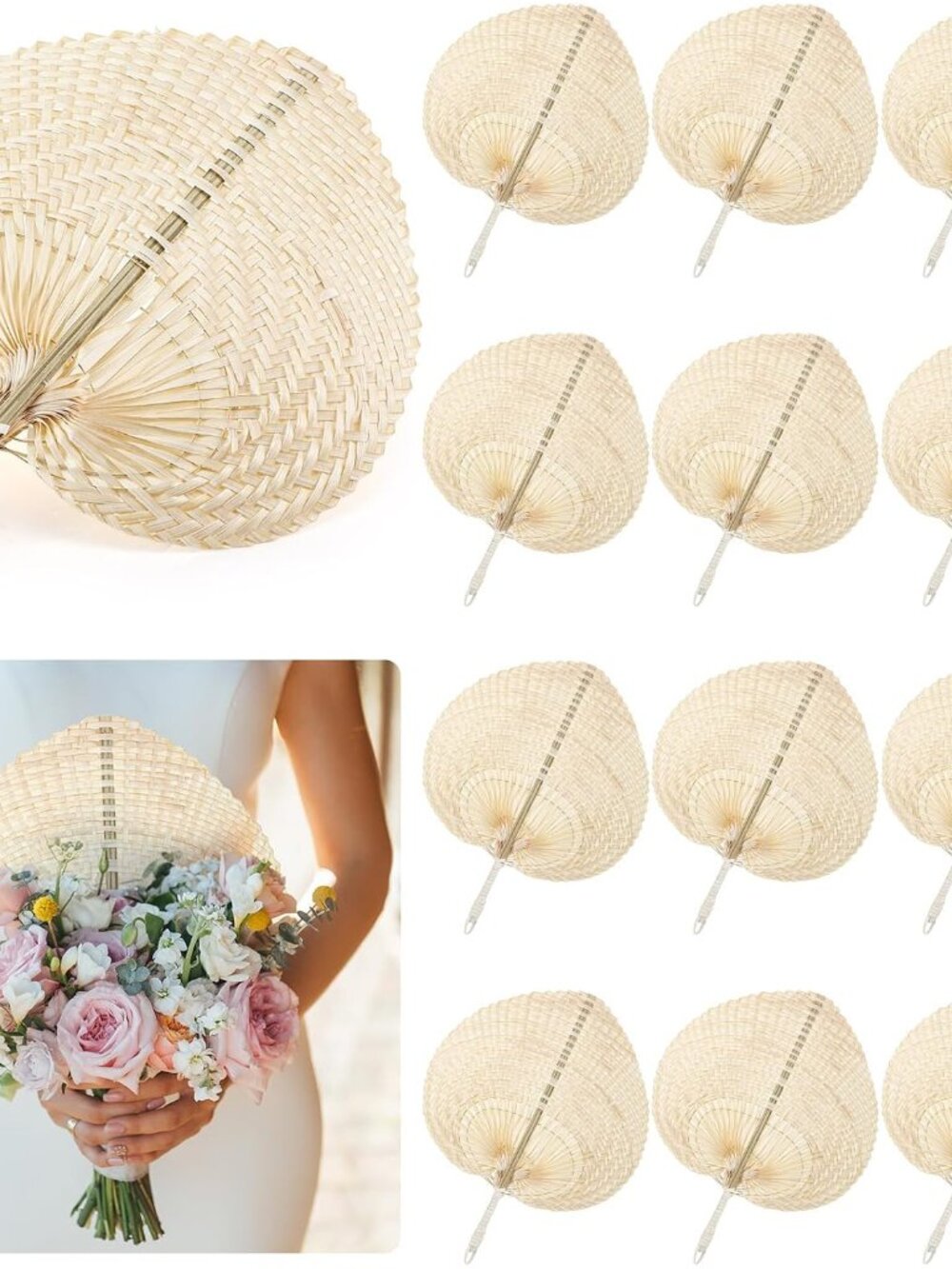12 Pieces Woven Bamboo Fans Handmade Hand Weaving Handheld Natural Raffia Hand F